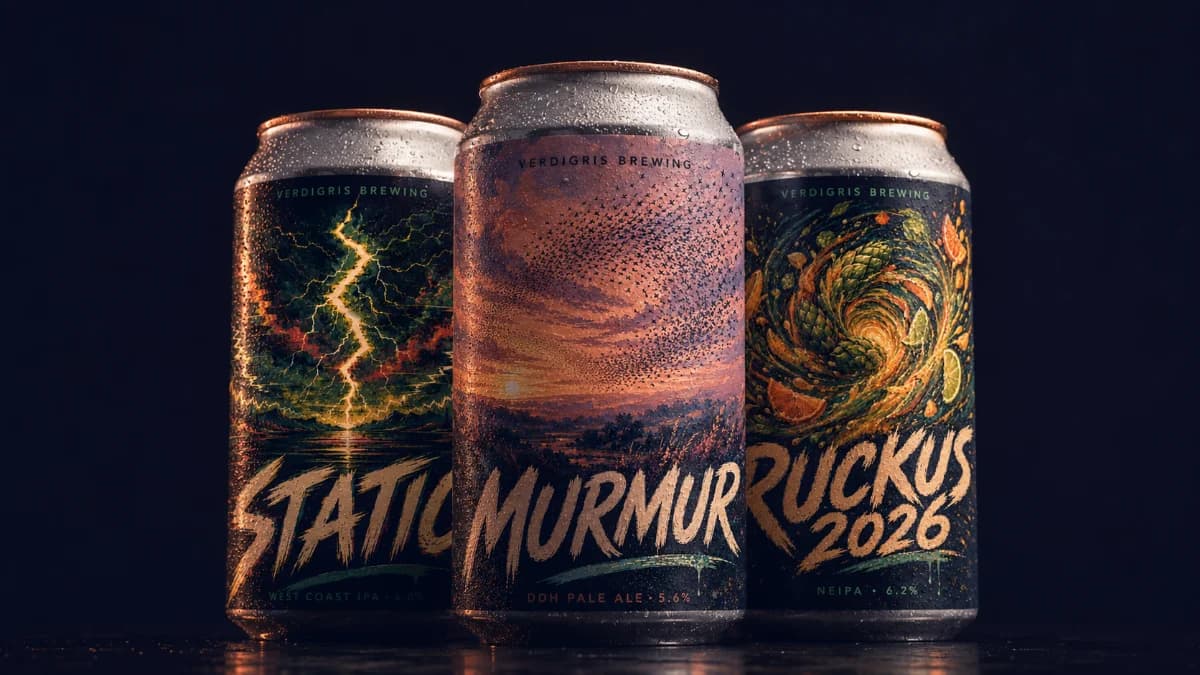 Verdigris Brewing cans — Static, Murmur and Ruckus 2026